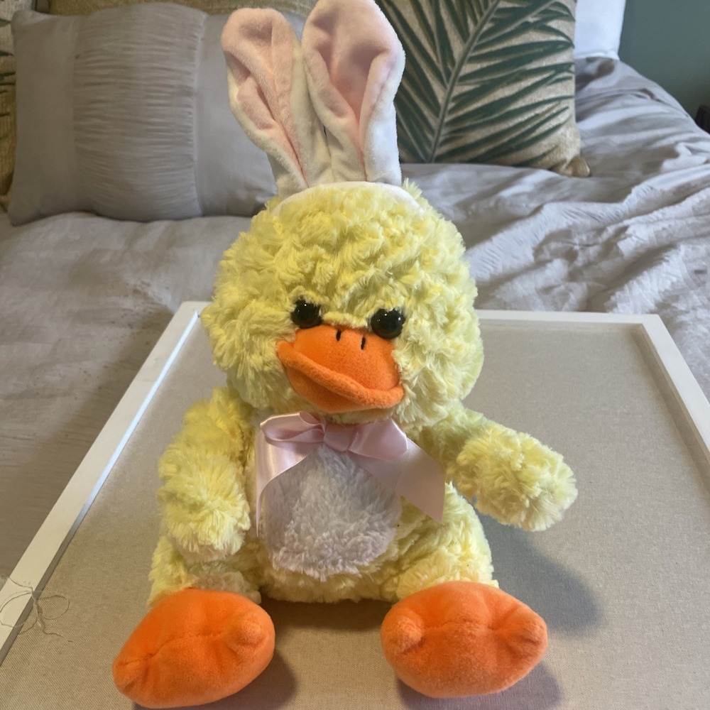 Kellytoy Fuzzy Easter Duck with Bunny Ears Soft Duckie Bow Sitting 12" Adorable